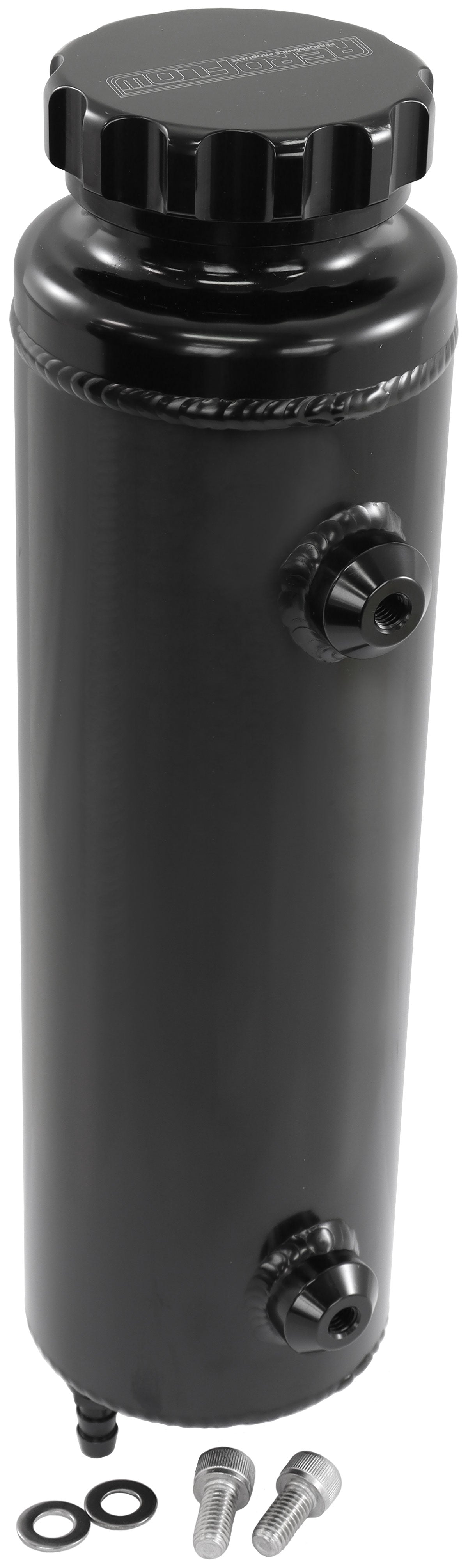 Universal Large Fabricated Alloy Radiator Overflow Tank - Black Finish    1450ml capacity, 12" Overall Height x 3-1/2" Diameter