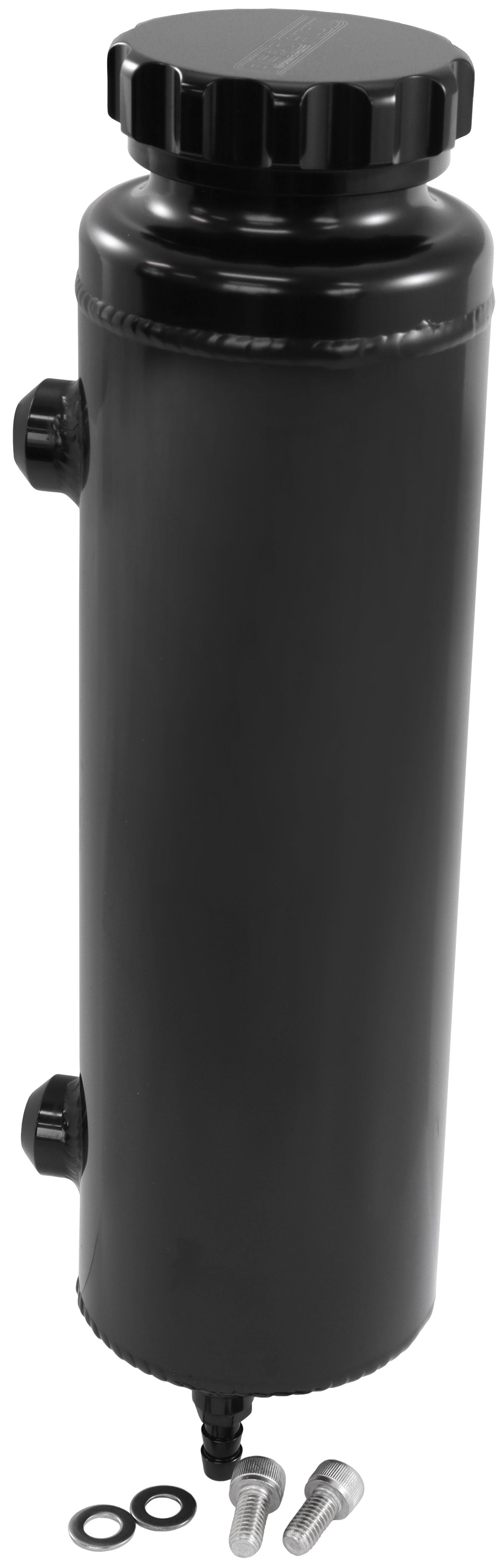 Universal Large Fabricated Alloy Radiator Overflow Tank - Black Finish    1450ml capacity, 12" Overall Height x 3-1/2" Diameter
