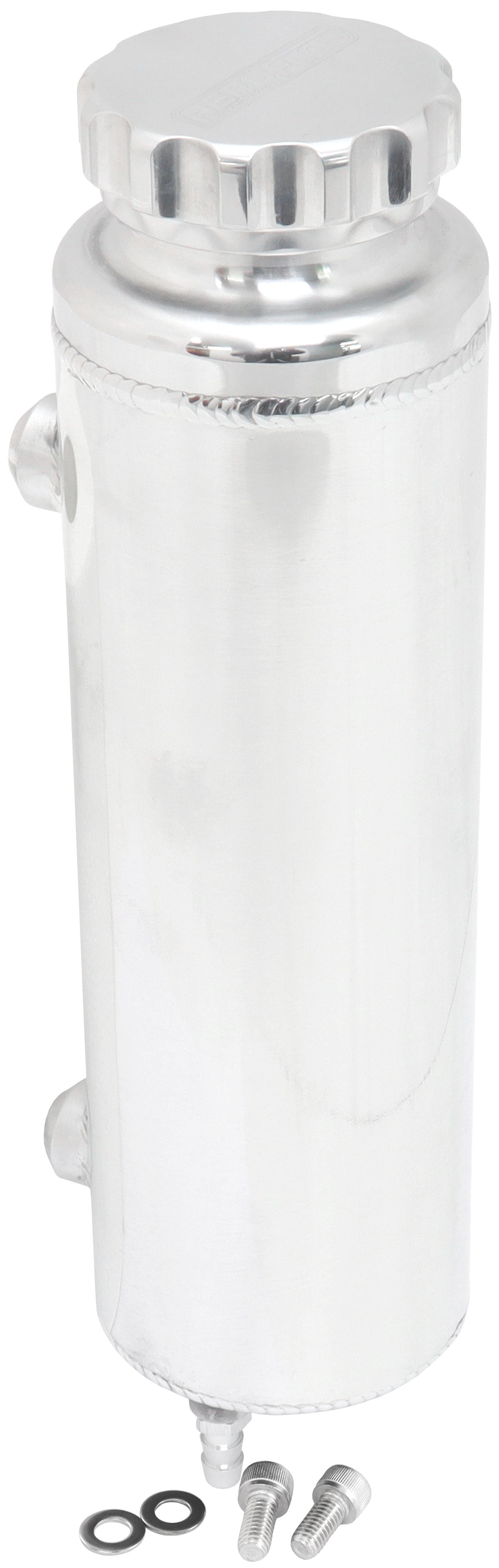 Universal Large Fabricated Alloy Radiator Overflow Tank - Polished Finish    1450ml capacity, 12" Overall Height x 3-1/2" Diameter