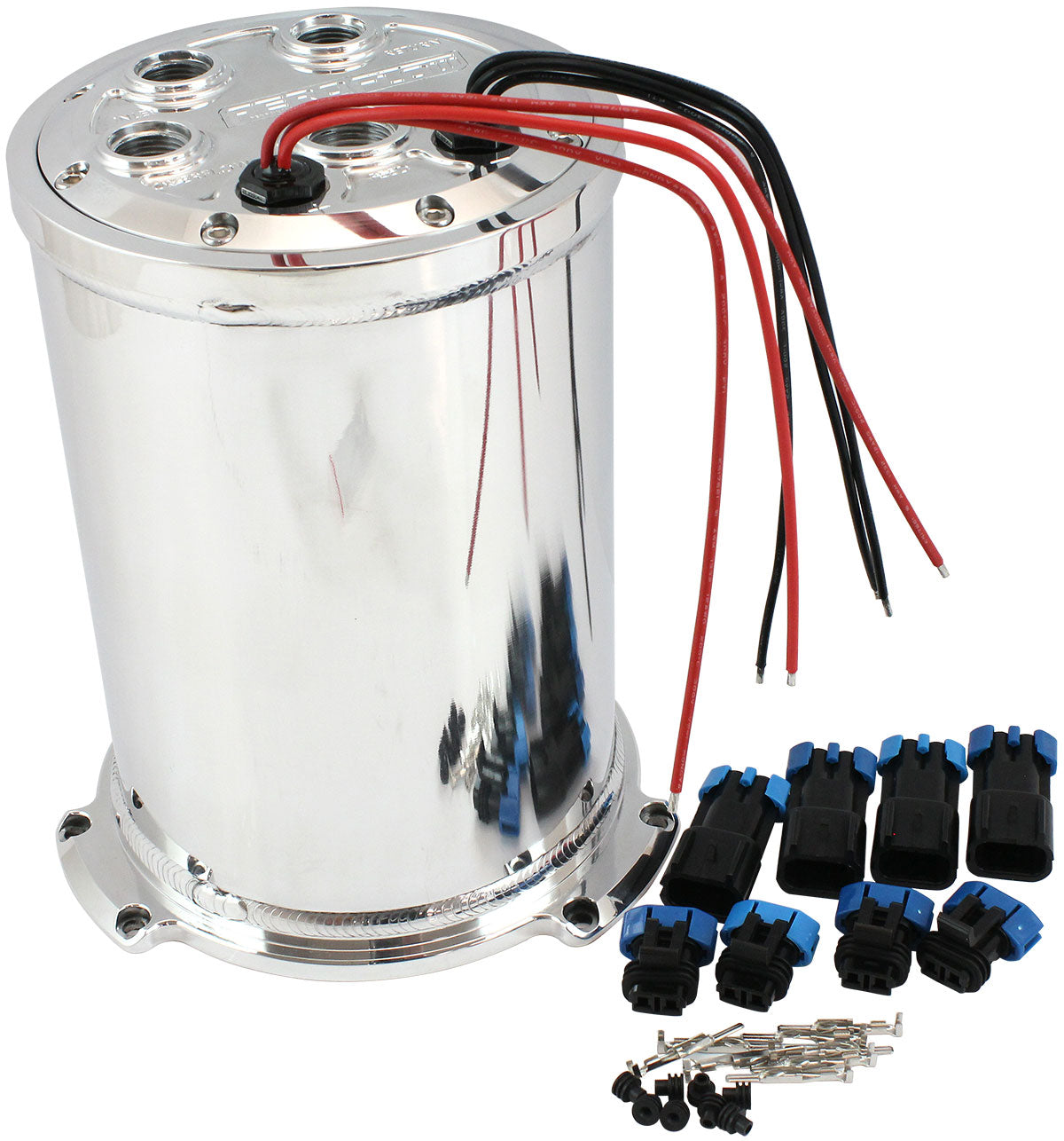 Aeroflow Triple EFI Fuel Pump Round Surge Tank - Polished   5 Liter (1.25 Gal), -10 ORB Outlet With -8 ORB Returns