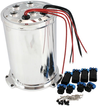 Aeroflow Triple EFI Fuel Pump Round Surge Tank - Polished   5 Liter (1.25 Gal), -10 ORB Outlet With -8 ORB Returns