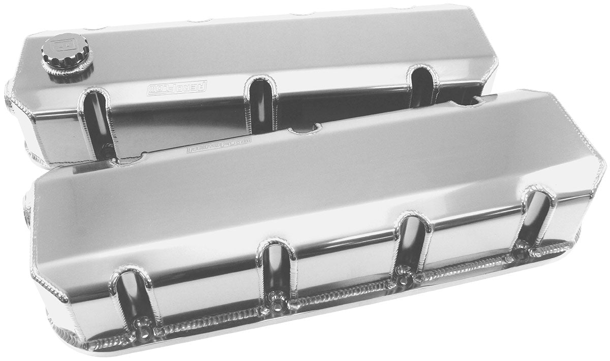 Aeroflow Fabricated Aluminium Valve Covers, Polished  Suit BB Chevy with -12 ORB Breather Ports