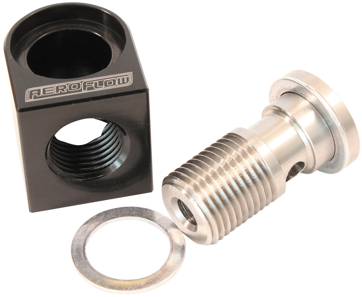 Aeroflow GM LS Billet Valley Plate Banjo Oil Pressure Adapter   Suit GM Factory M16 x 1.5mm Oil Pressure Sensor