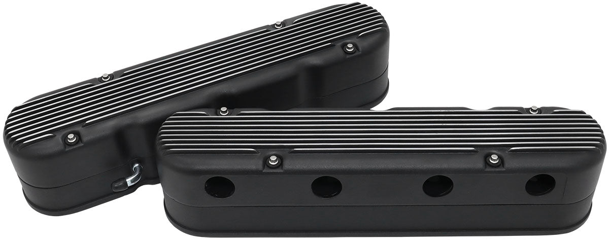 Aeroflow GM LS 2 Piece Retro Finned Valve Cover Set, Black Finish   Suit GM LS Series Engines. Factory Position Coil Mounts with Tall Cover