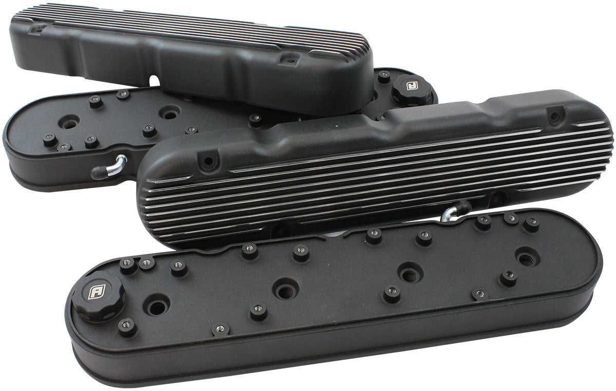 Aeroflow GM LS 2 Piece Retro Finned Valve Cover Set, Black Finish   Suit GM LS Series Engines. Factory Position Coil Mounts with Tall Cover