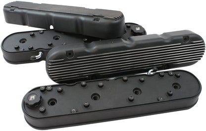 Aeroflow GM LS 2 Piece Retro Finned Valve Cover Set, Black Finish   Suit GM LS Series Engines. Factory Position Coil Mounts with Tall Cover