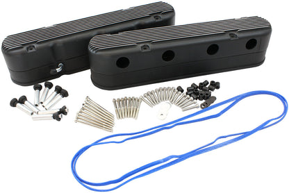 Aeroflow GM LS 2 Piece Retro Finned Valve Cover Set, Black Finish   Suit GM LS Series Engines. Factory Position Coil Mounts with Tall Cover