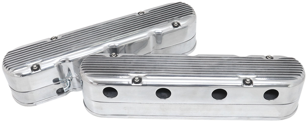Aeroflow GM LS 2 Piece Retro Finned Valve Cover Set, Polished Finish   Suit GM LS Series Engines. Factory Position Coil Mounts with Tall Cover