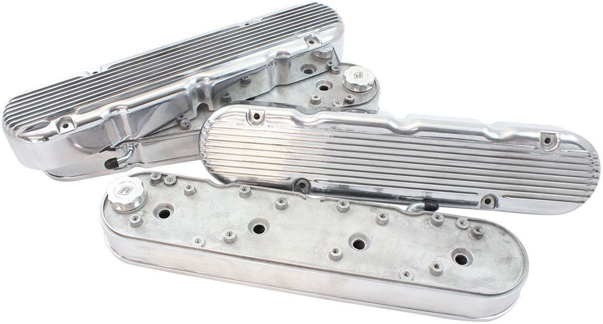 Aeroflow GM LS 2 Piece Retro Finned Valve Cover Set, Polished Finish   Suit GM LS Series Engines. Factory Position Coil Mounts with Tall Cover