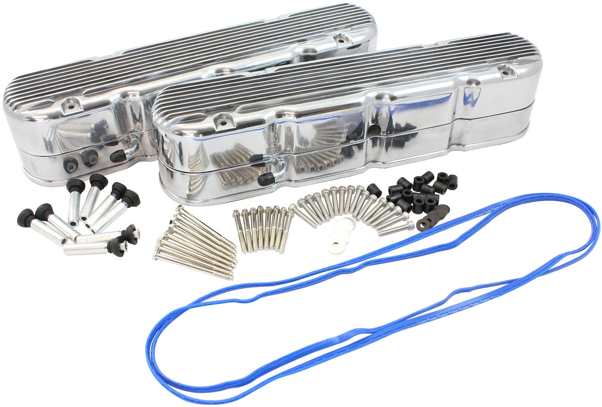 Aeroflow GM LS 2 Piece Retro Finned Valve Cover Set, Polished Finish   Suit GM LS Series Engines. Factory Position Coil Mounts with Tall Cover