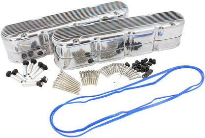 Aeroflow GM LS 2 Piece Retro Finned Valve Cover Set, Polished Finish   Suit GM LS Series Engines. Factory Position Coil Mounts with Tall Cover