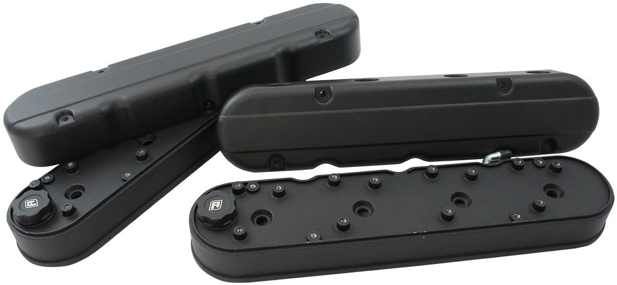 Aeroflow GM LS 2 Piece Retro Smooth Valve Cover Set, Black Finish   Suit GM LS Series Engines. Factory Position Coil Mounts with Tall Cover