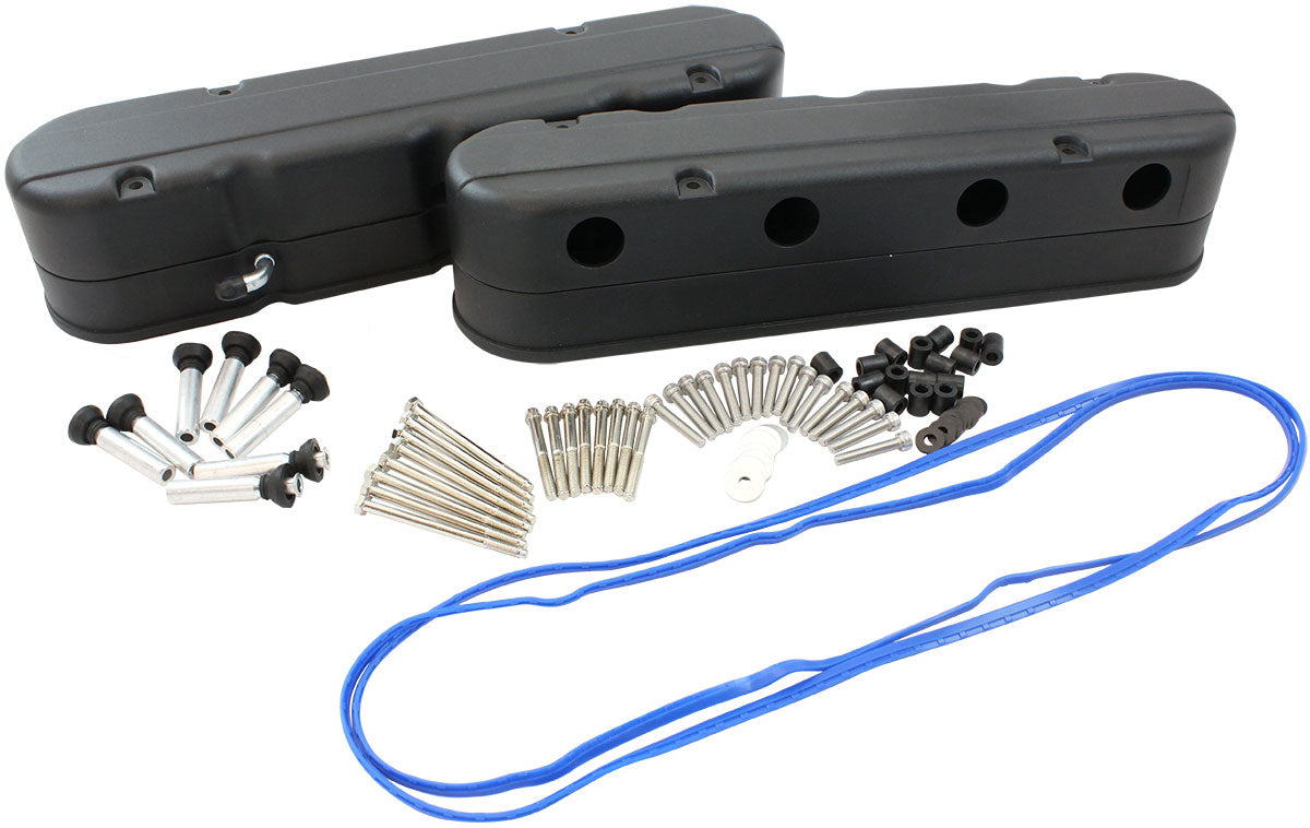 Aeroflow GM LS 2 Piece Retro Smooth Valve Cover Set, Black Finish   Suit GM LS Series Engines. Factory Position Coil Mounts with Tall Cover