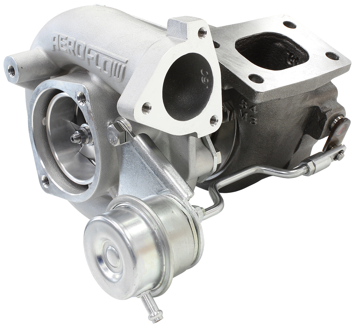 BOOSTED 5447 NISSAN .64 Turbocharger 525HP, Natural Cast Finish   Internal Wastegate, T25 / T28 Inlet Flange, 5-Bolt Exhaust Flange