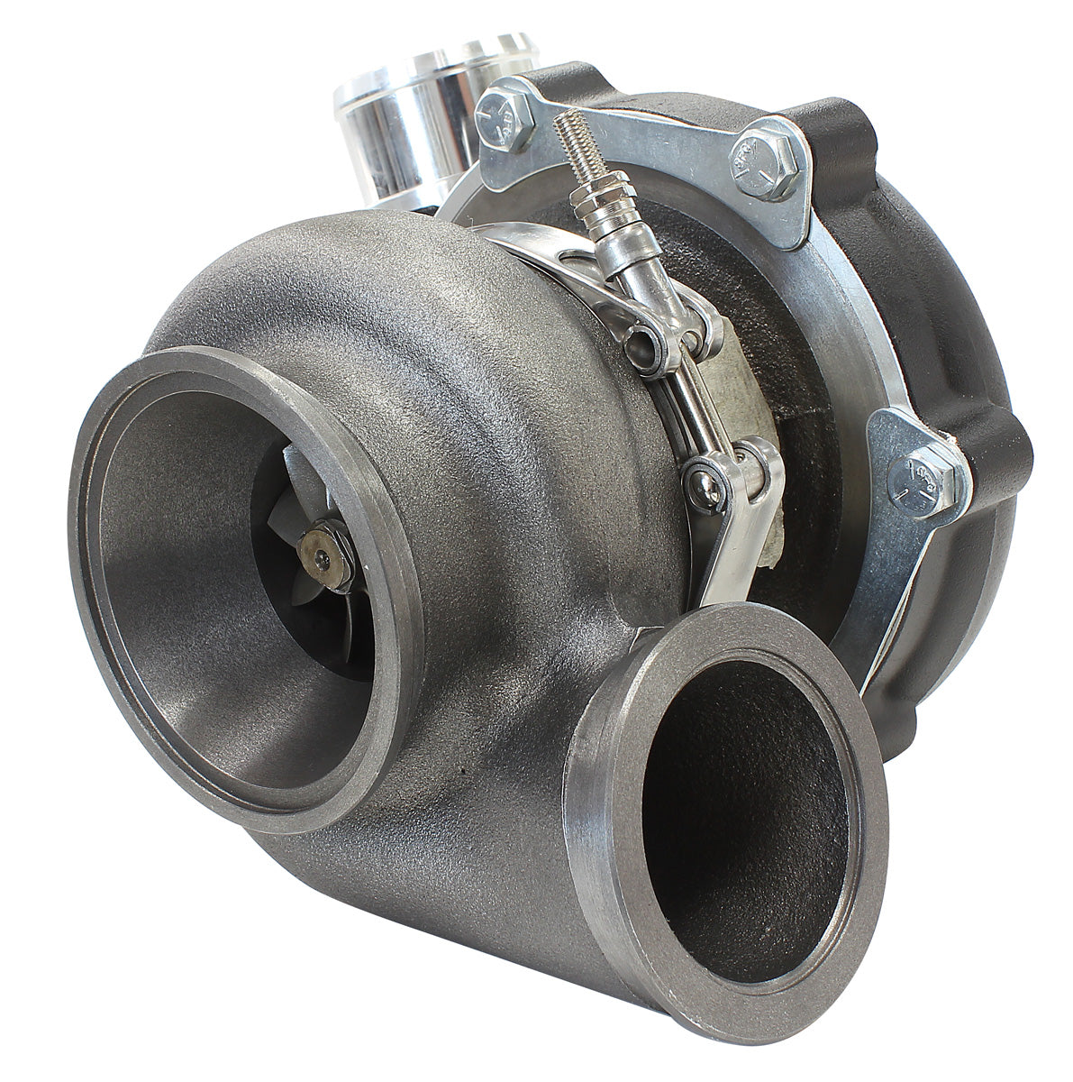 BOOSTED 4849 .72 Reverse Rotation Turbocharger 550HP, Hi Temp Black Finish   External Wastegate, V-Band Inlet & Exhaust Flanges