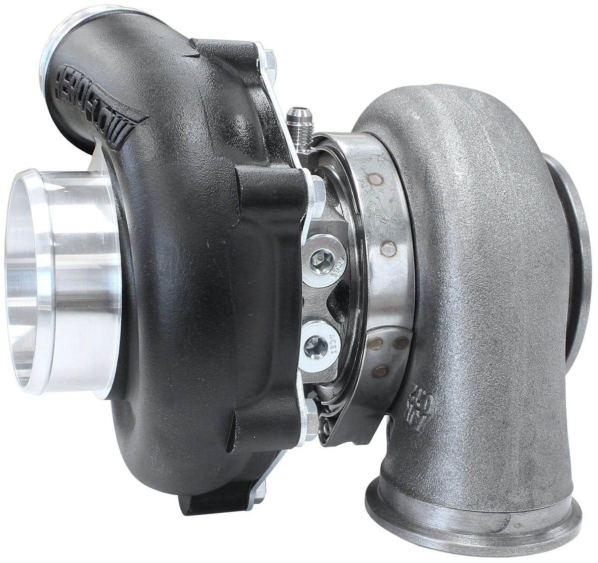BOOSTED 5449 .72 Reverse Rotation Turbocharger 660HP, Hi Temp Black Finish   External Wastegate, V-Band Inlet & Exhaust Flanges