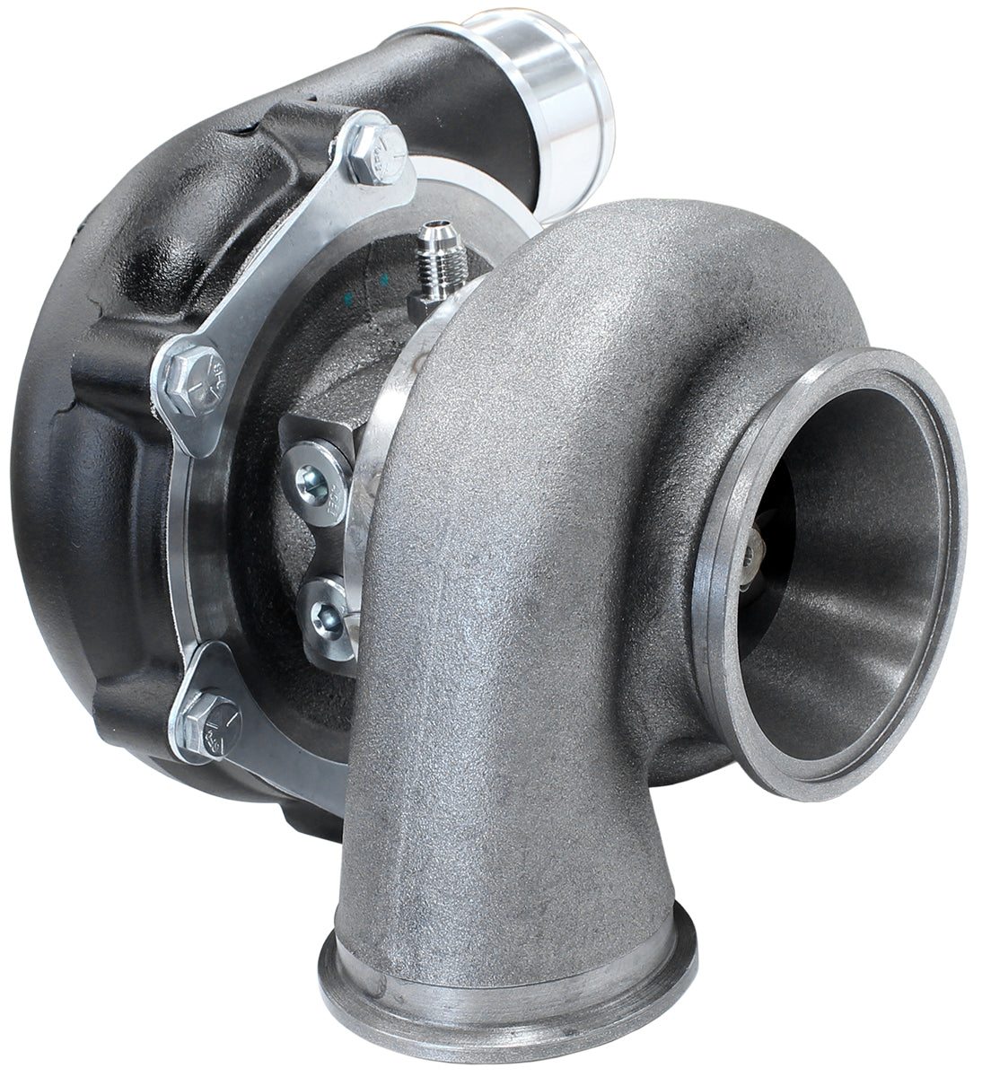 BOOSTED 5449 .72 Reverse Rotation Turbocharger 660HP, Hi Temp Black Finish   External Wastegate, V-Band Inlet & Exhaust Flanges