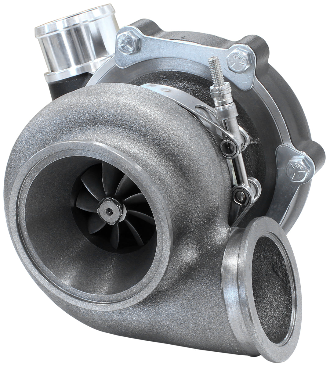 BOOSTED 5449 .72 Reverse Rotation Turbocharger 660HP, Hi Temp Black Finish   External Wastegate, V-Band Inlet & Exhaust Flanges