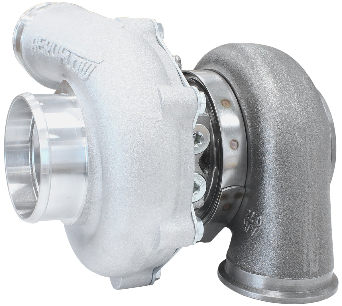 BOOSTED 5449 .72 Reverse Rotation Turbocharger 660HP, Natural Cast Finish   External Wastegate, V-Band Inlet & Exhaust Flanges