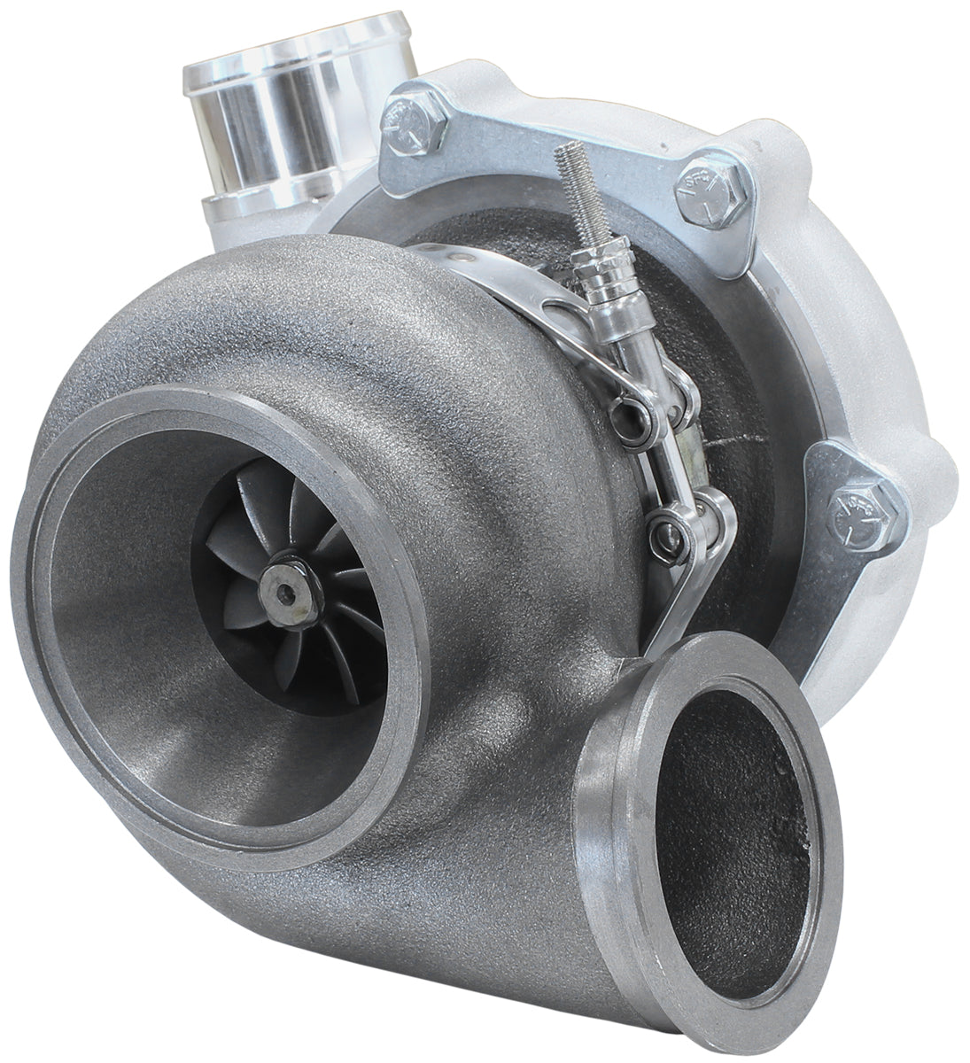 BOOSTED 5449 .72 Reverse Rotation Turbocharger 660HP, Natural Cast Finish   External Wastegate, V-Band Inlet & Exhaust Flanges