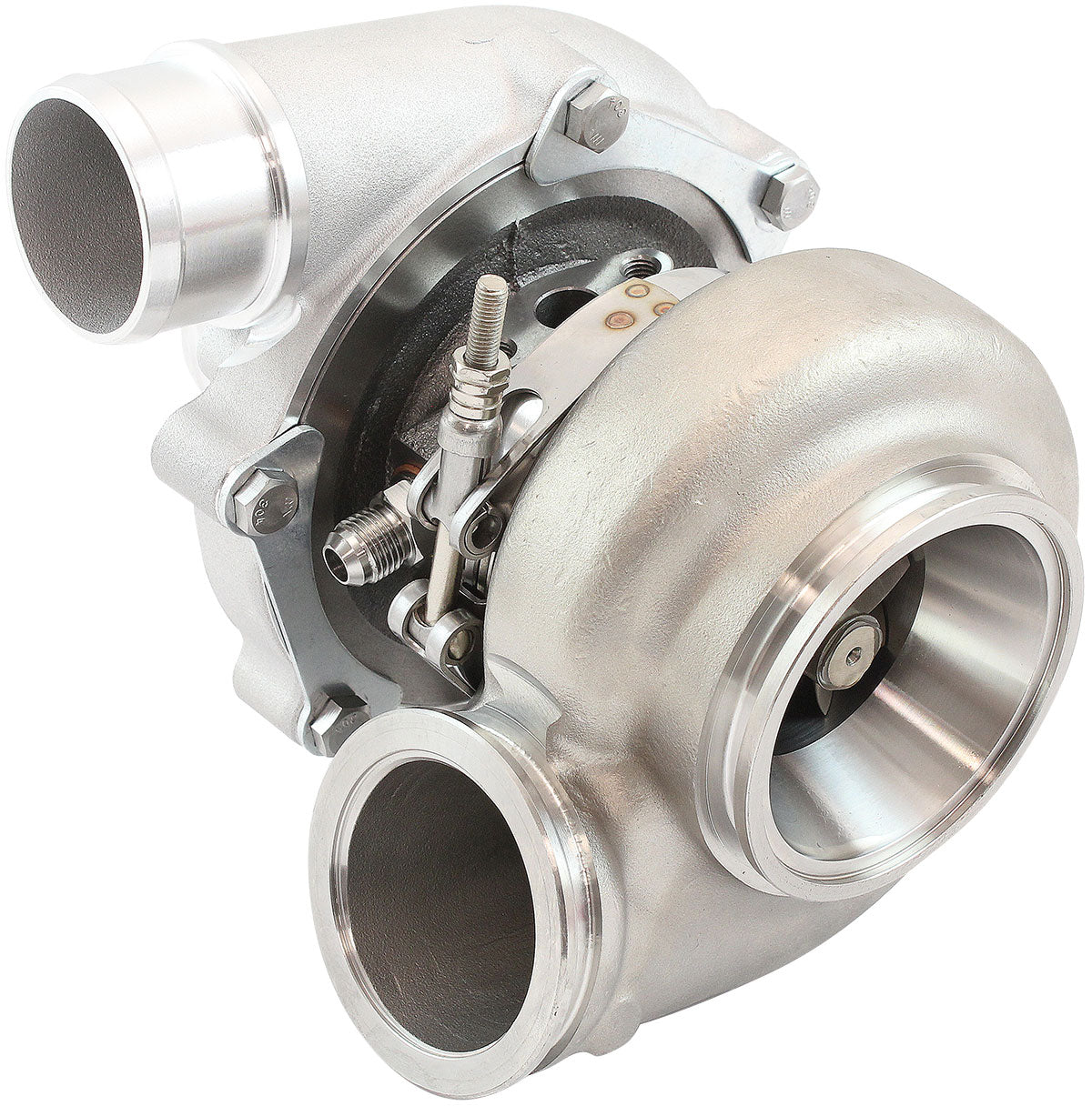 BOOSTED B5455 .63 Turbocharger 660HP, Natural Cast Finish   External Wastegate, V-Band Inlet & Exhaust Flanges