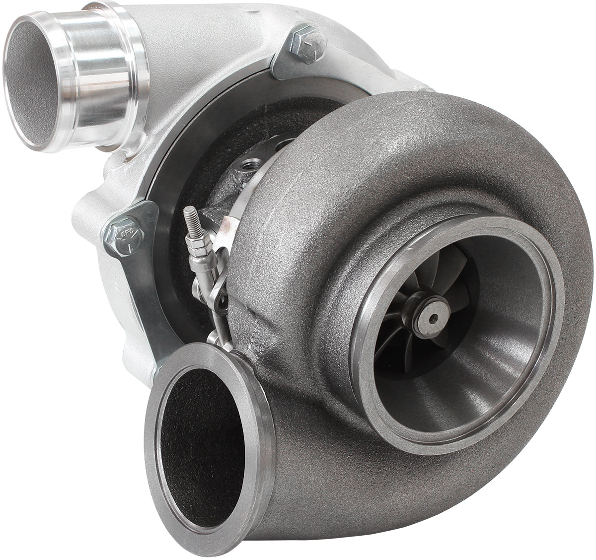 BOOSTED B5455 .83 Turbocharger 660HP, Natural Cast Finish   External Wastegate, V-Band Inlet & Exhaust Flanges