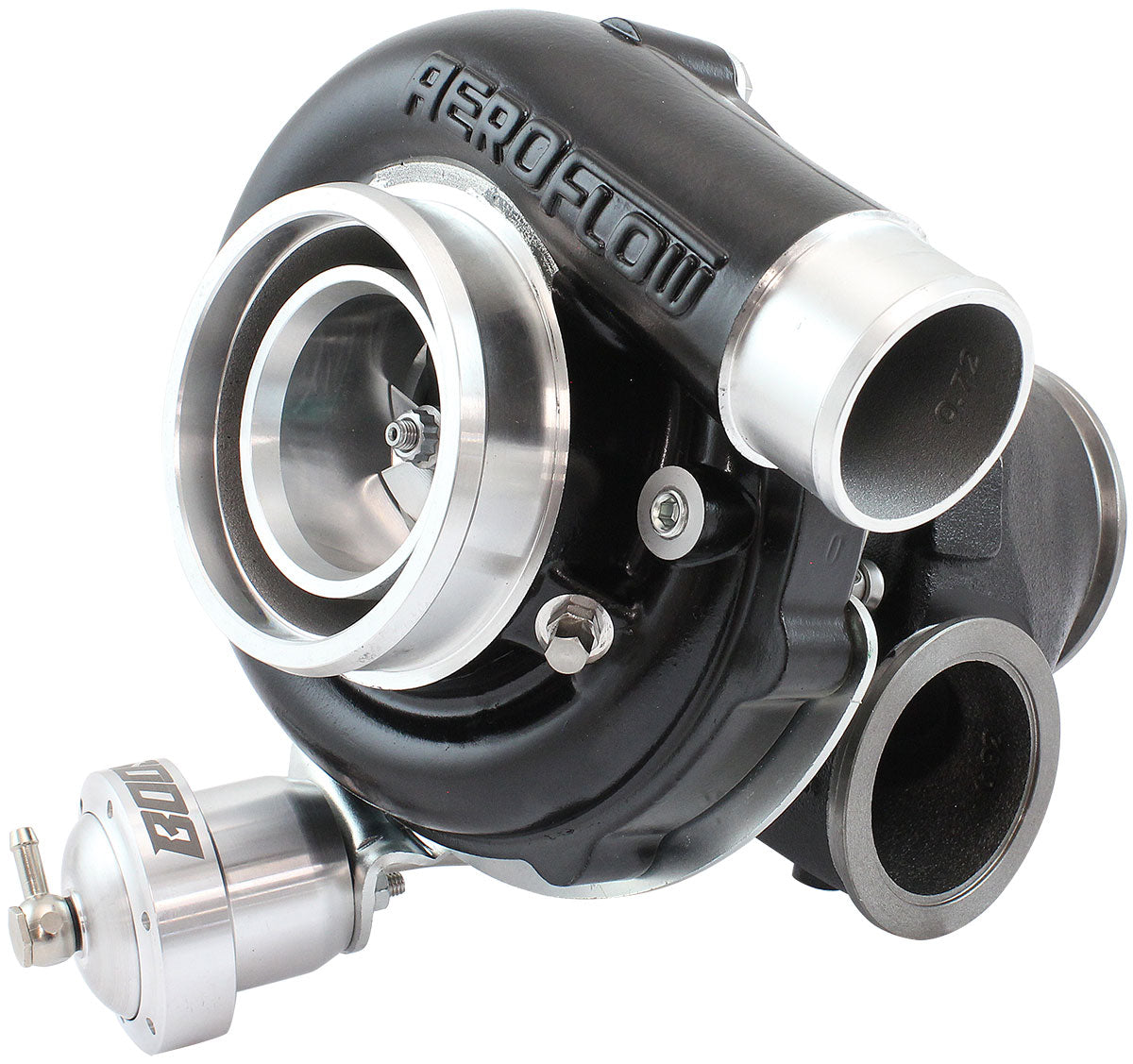 BOOSTED B5855 .92 Turbocharger 770HP, Hi Temp Black Finish   Internal Wastegate, V-Band Inlet & Exhaust Flanges