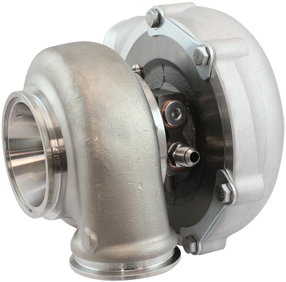 BOOSTED B5855 .61 Turbocharger 770HP, Natural Cast Finish   External Wastegate, V-Band Inlet & Exhaust Flanges