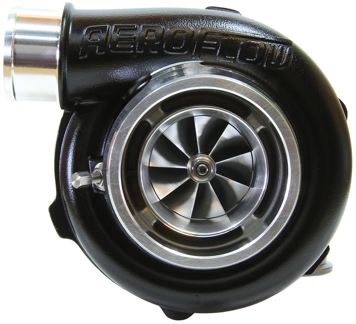 BOOSTED 5855 .83 Reverse Rotation Turbocharger 750HP, Hi Temp Black Finish   External Wastegate, V-Band Inlet & Exhaust Flanges