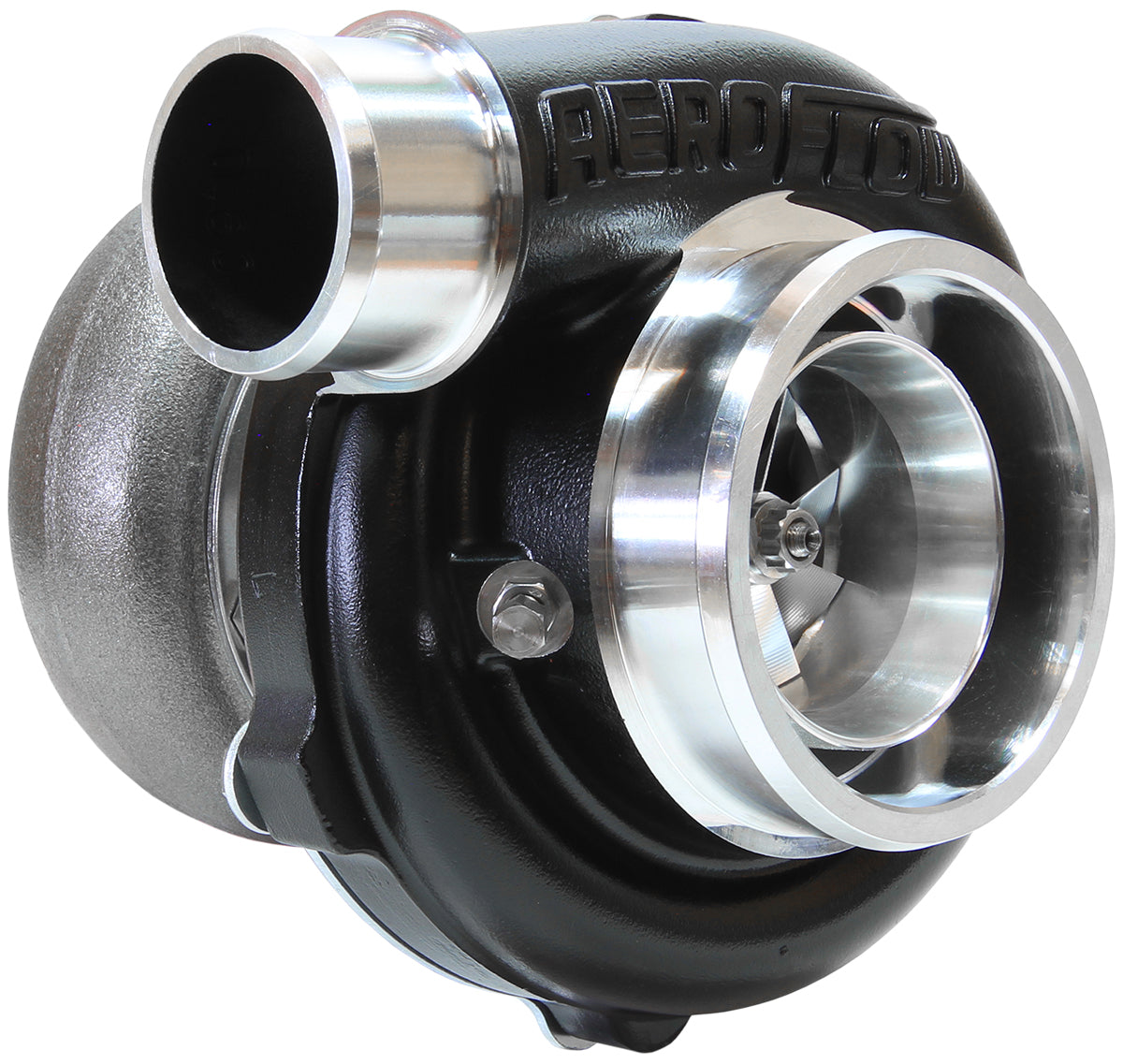 BOOSTED 5855 .83 Reverse Rotation Turbocharger 750HP, Hi Temp Black Finish   External Wastegate, V-Band Inlet & Exhaust Flanges