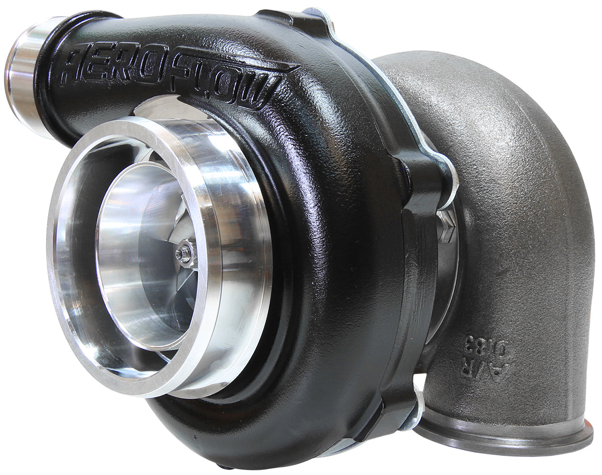 BOOSTED 5855 .83 Reverse Rotation Turbocharger 750HP, Hi Temp Black Finish   External Wastegate, V-Band Inlet & Exhaust Flanges