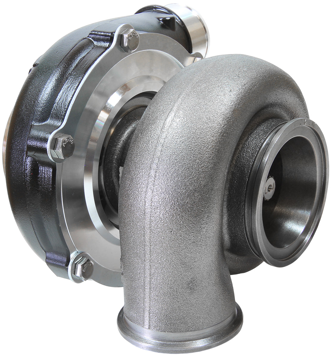 BOOSTED 5855 .83 Reverse Rotation Turbocharger 750HP, Hi Temp Black Finish   External Wastegate, V-Band Inlet & Exhaust Flanges
