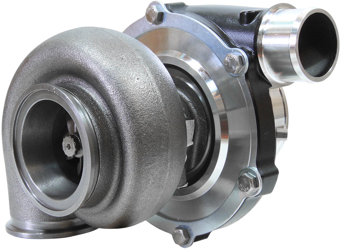 BOOSTED 5855 .83 Reverse Rotation Turbocharger 750HP, Hi Temp Black Finish   External Wastegate, V-Band Inlet & Exhaust Flanges
