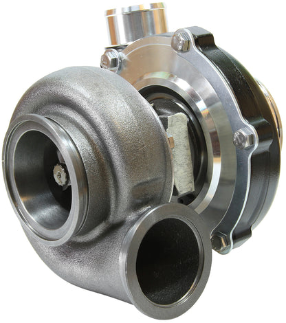 BOOSTED 5855 .83 Reverse Rotation Turbocharger 750HP, Hi Temp Black Finish   External Wastegate, V-Band Inlet & Exhaust Flanges