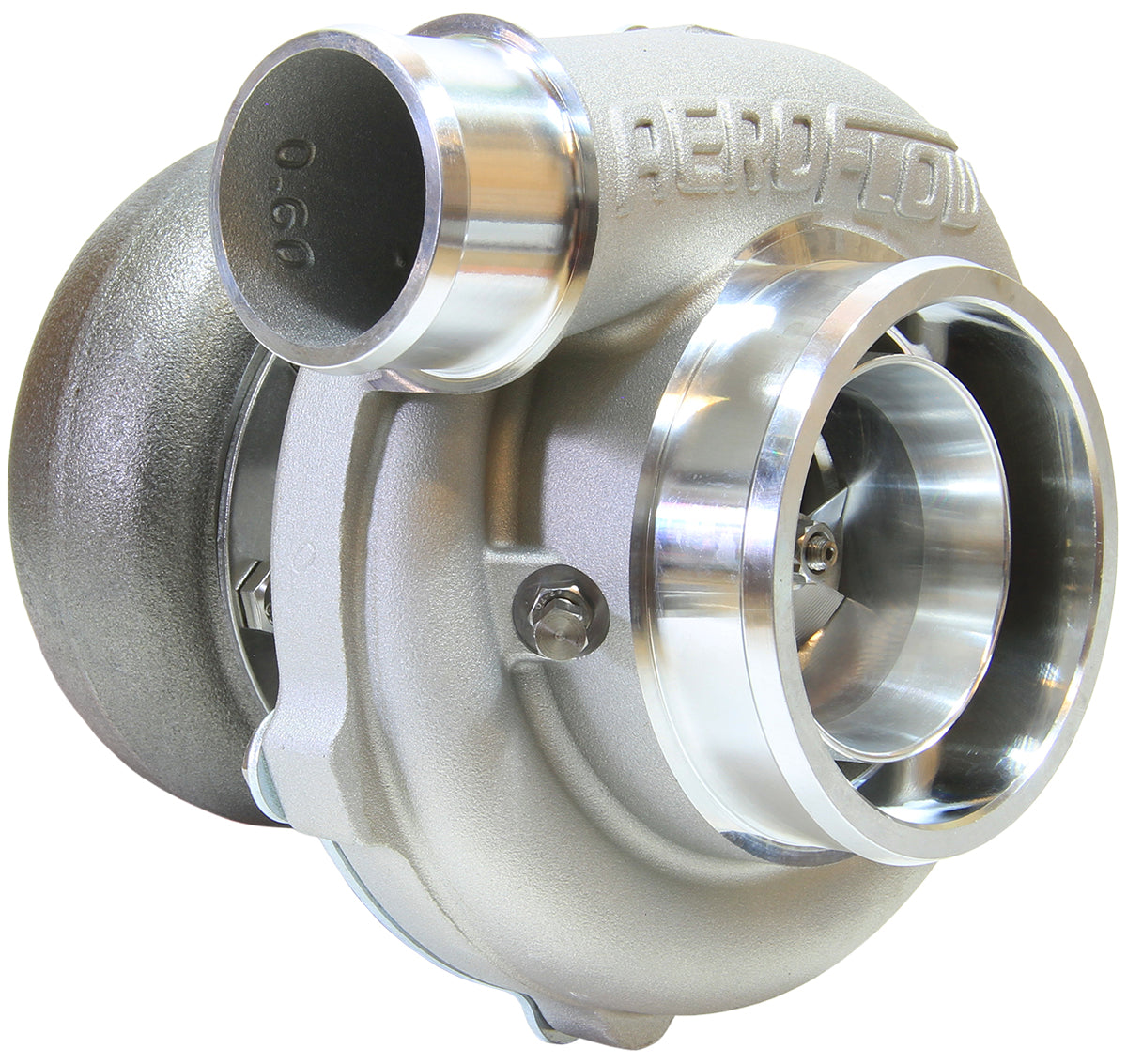 BOOSTED 5855 .83 Reverse Rotation Turbocharger 750HP, Natural Cast Finish   External Wastegate, V-Band Inlet & Exhaust Flanges