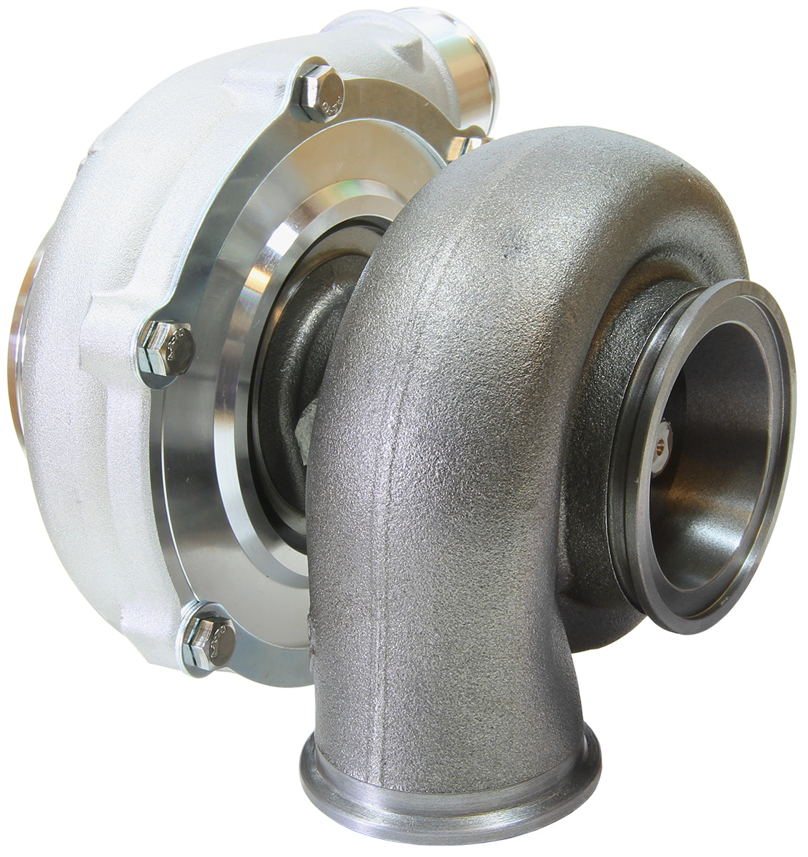 BOOSTED 5855 .83 Reverse Rotation Turbocharger 750HP, Natural Cast Finish   External Wastegate, V-Band Inlet & Exhaust Flanges