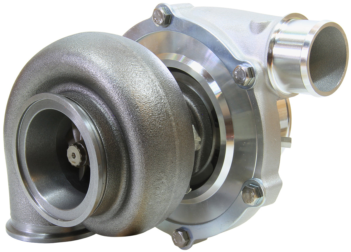 BOOSTED 5855 .83 Reverse Rotation Turbocharger 750HP, Natural Cast Finish   External Wastegate, V-Band Inlet & Exhaust Flanges