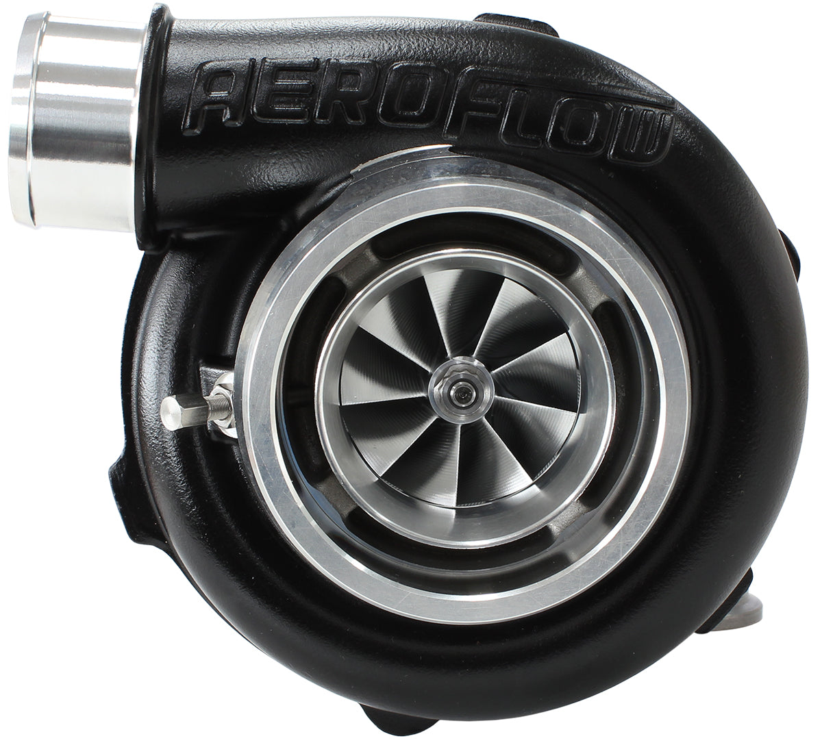 BOOSTED 5855 1.01 Reverse Rotation Turbocharger 750HP, Hi Temp Black Finish   External Wastegate, V-Band Inlet & Exhaust Flanges