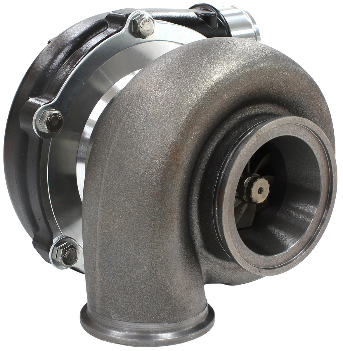 BOOSTED 5855 1.01 Reverse Rotation Turbocharger 750HP, Hi Temp Black Finish   External Wastegate, V-Band Inlet & Exhaust Flanges