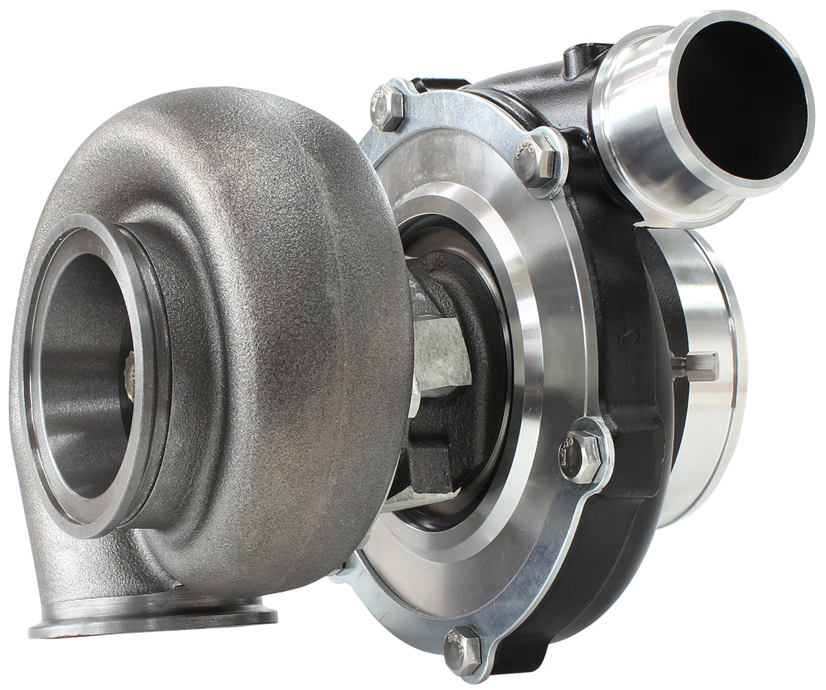 BOOSTED 5855 1.01 Reverse Rotation Turbocharger 750HP, Hi Temp Black Finish   External Wastegate, V-Band Inlet & Exhaust Flanges