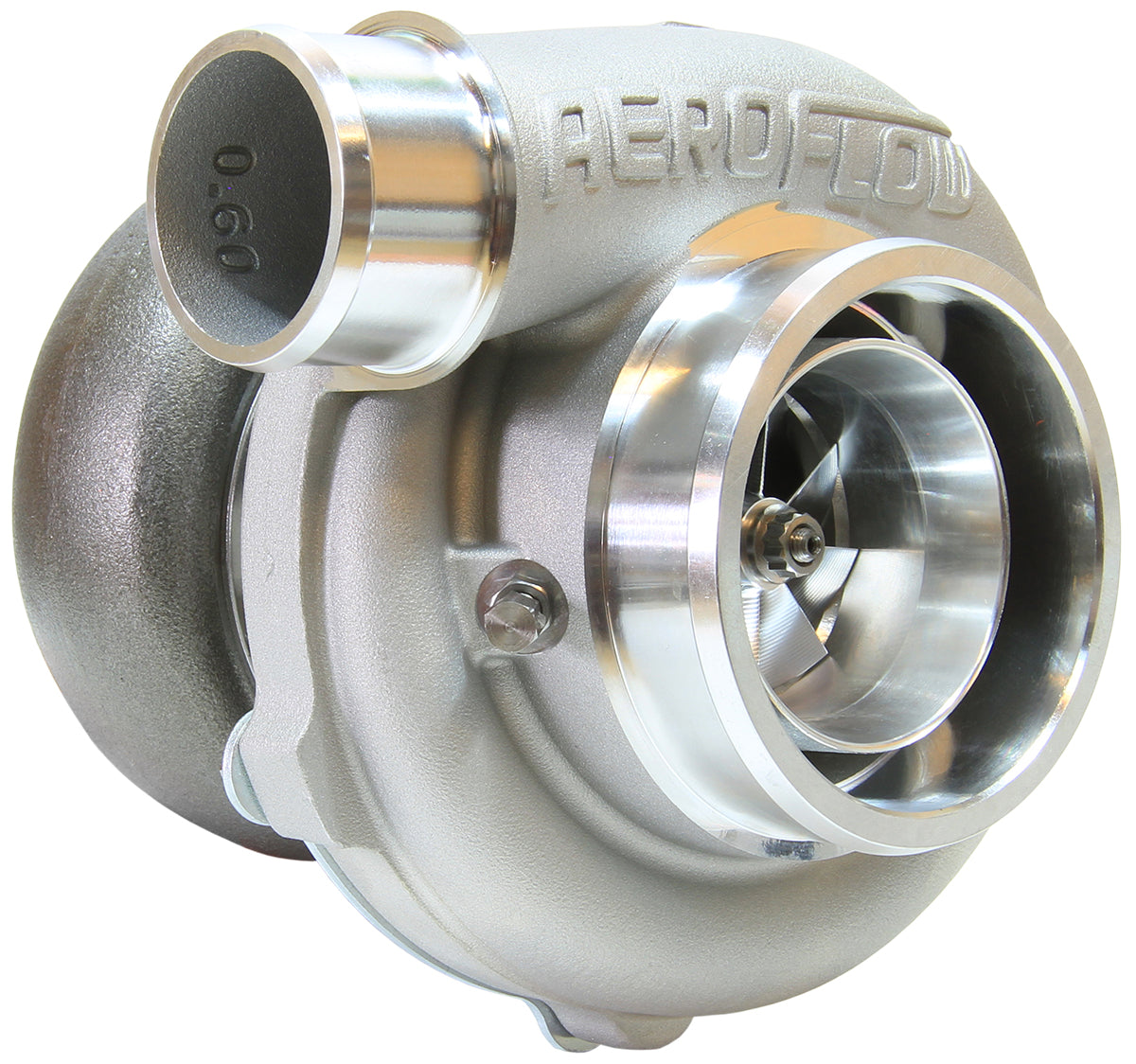 BOOSTED 5855 1.01 Reverse Rotation Turbocharger 750HP, Natural Cast Finish   External Wastegate, V-Band Inlet & Exhaust Flanges