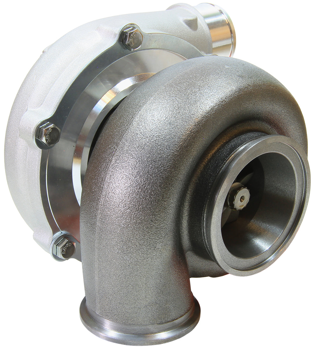 BOOSTED 5855 1.01 Reverse Rotation Turbocharger 750HP, Natural Cast Finish   External Wastegate, V-Band Inlet & Exhaust Flanges