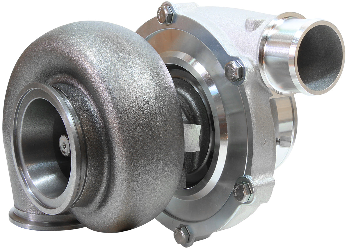BOOSTED 5855 1.01 Reverse Rotation Turbocharger 750HP, Natural Cast Finish   External Wastegate, V-Band Inlet & Exhaust Flanges