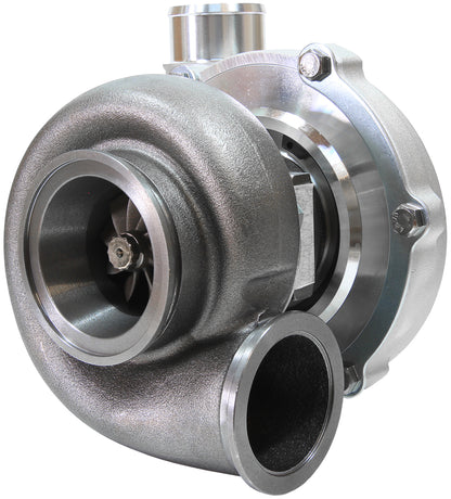 BOOSTED 5855 1.01 Reverse Rotation Turbocharger 750HP, Natural Cast Finish   External Wastegate, V-Band Inlet & Exhaust Flanges