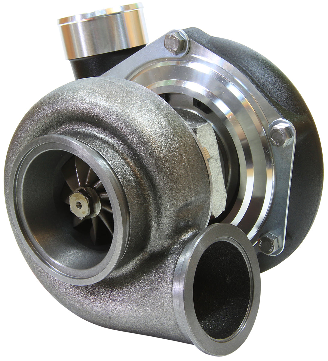 BOOSTED 6662 .83 Reverse Rotation Turbocharger 900HP, Hi Temp Black Finish   External Wastegate, V-Band Inlet & Exhaust Flanges