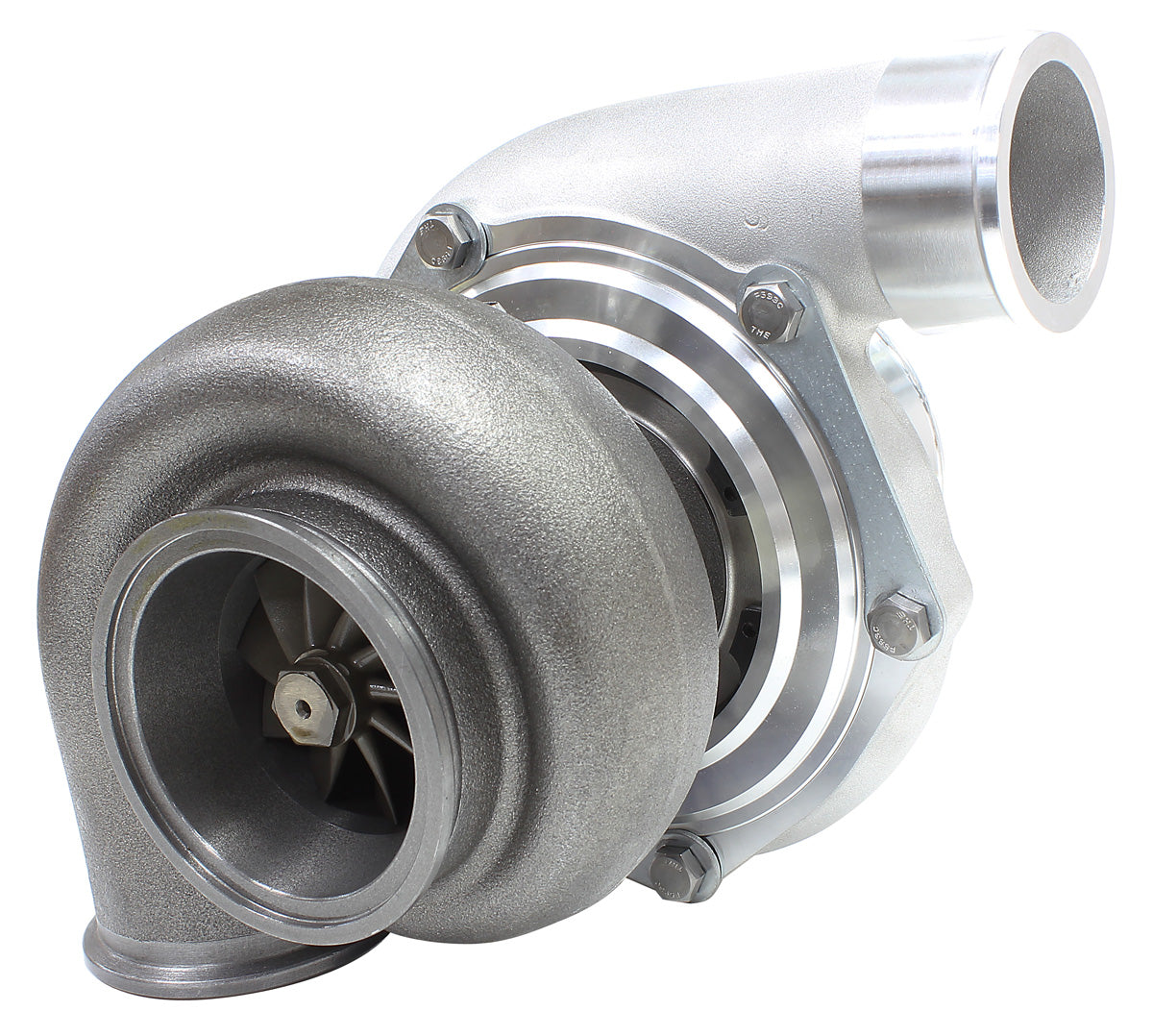 BOOSTED 6662 .83 Reverse Rotation Turbocharger 900HP, Natural Cast Finish   External Wastegate, V-Band Inlet & Exhaust Flanges
