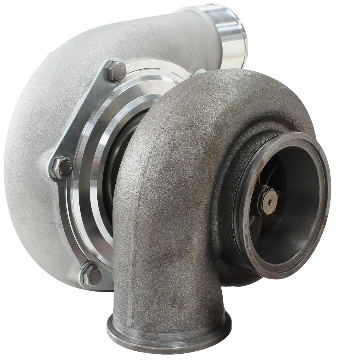 BOOSTED 6762 .83 Reverse Rotation Turbocharger 950HP, Natural Cast Finish   External Wastegate, V-Band Inlet & Exhaust Flanges