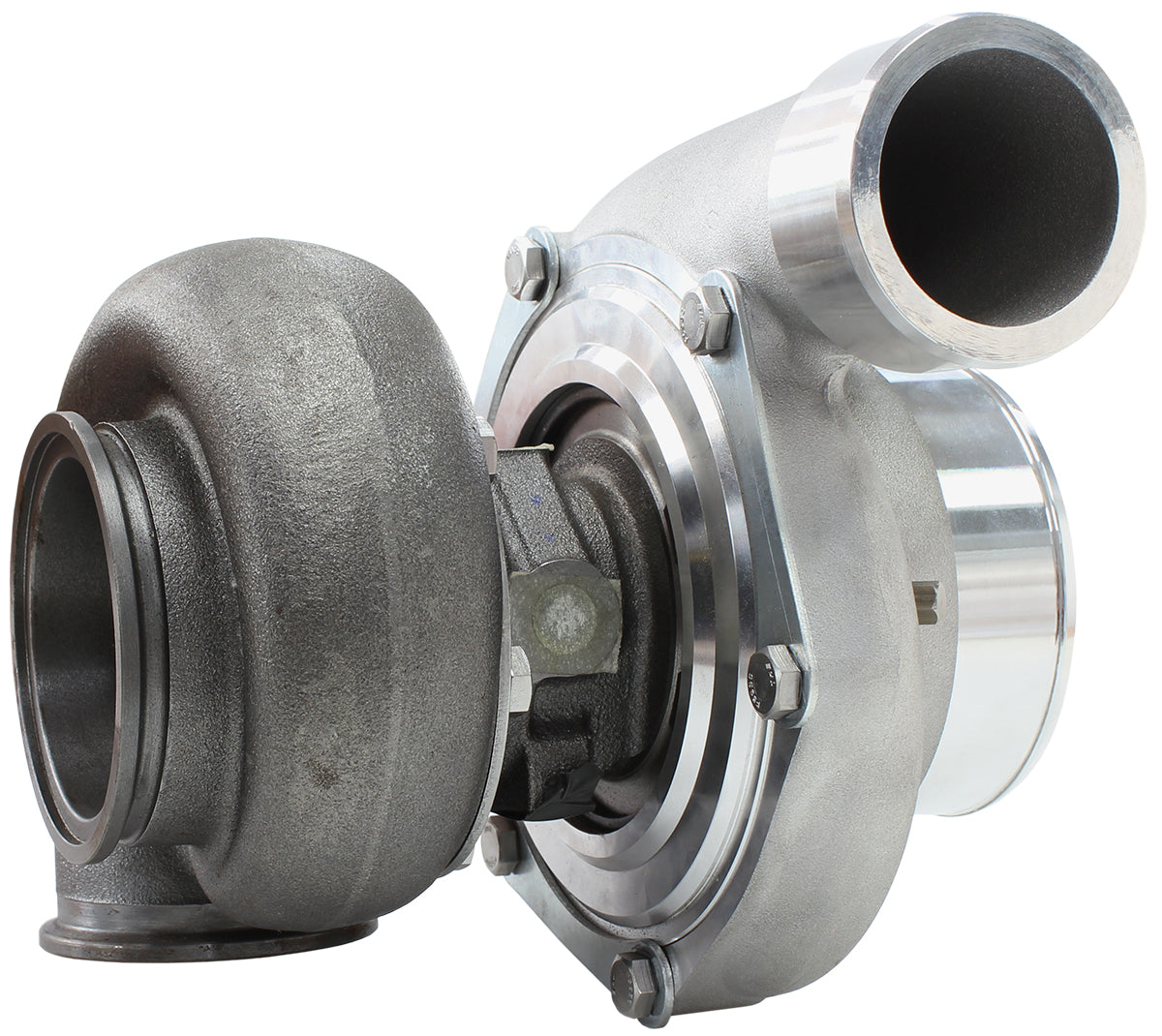 BOOSTED 6762 .83 Reverse Rotation Turbocharger 950HP, Natural Cast Finish   External Wastegate, V-Band Inlet & Exhaust Flanges
