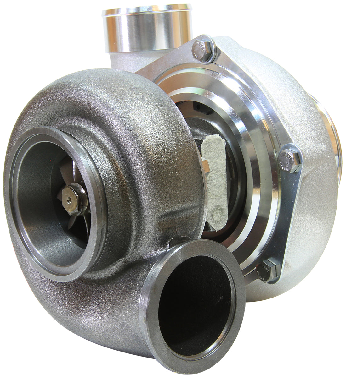 BOOSTED 6762 1.01 Reverse Rotation Turbocharger 950HP, Natural Cast Finish   External Wastegate, V-Band Inlet & Exhaust Flanges
