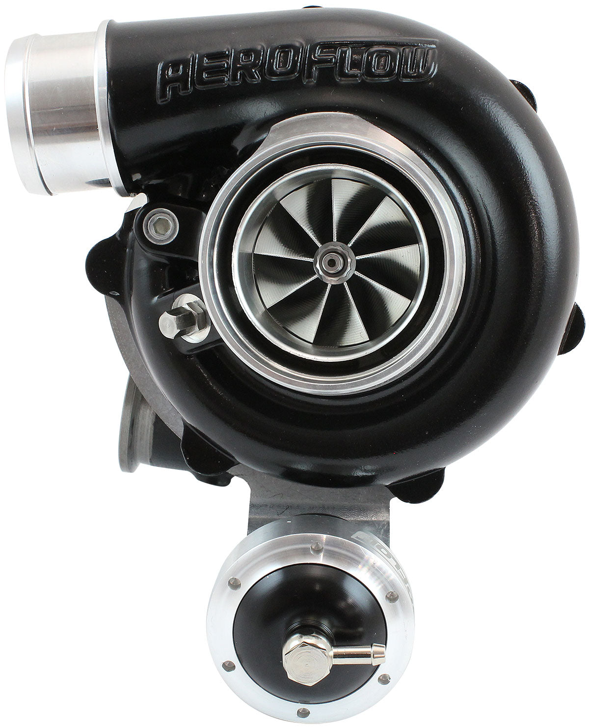 BOOSTED B5455.92 Reverse Rotation Turbocharger 660HP, Hi Temp Black Finish   Internal Wastegate, V-Band Inlet & Exhaust Flanges